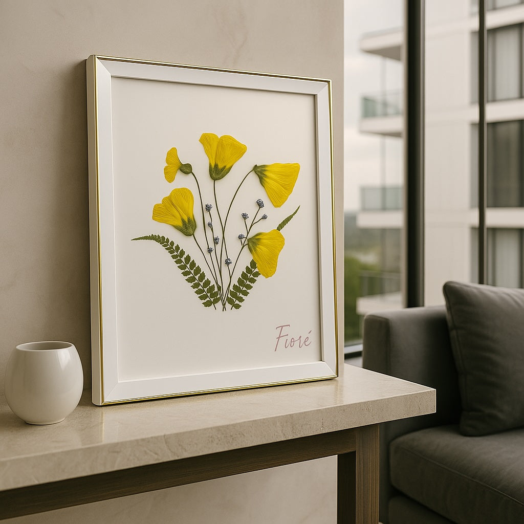 Cuadro Floral Abutilón Amarillo y Helechos